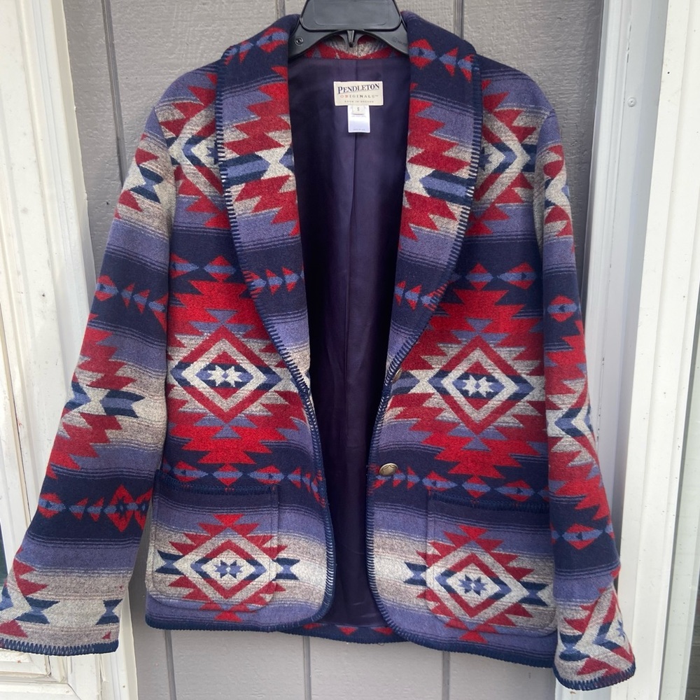 Women’s Pendleton Originals Red Blue Gray Plaid Aztec Blazer Jacket size Small